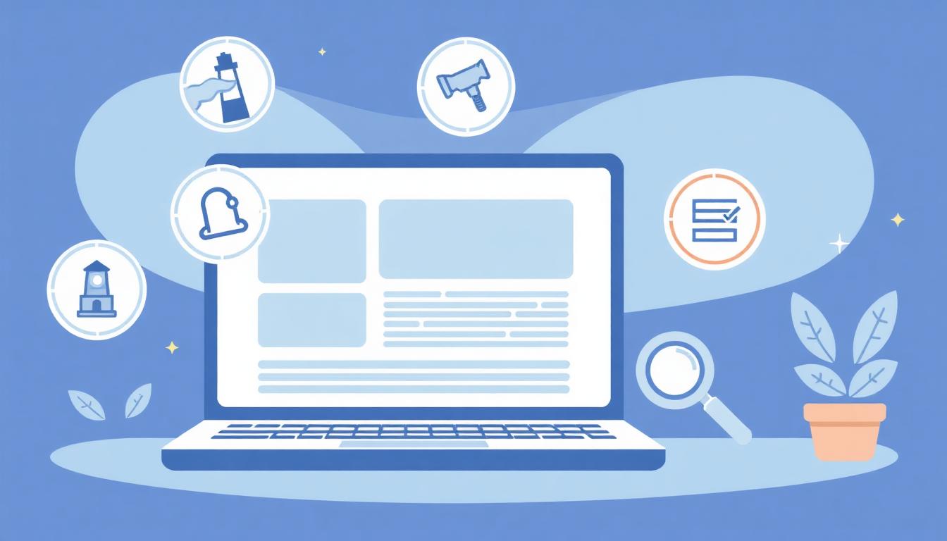 Illustratie van vier gratis WCAG-scanners rondom een laptop